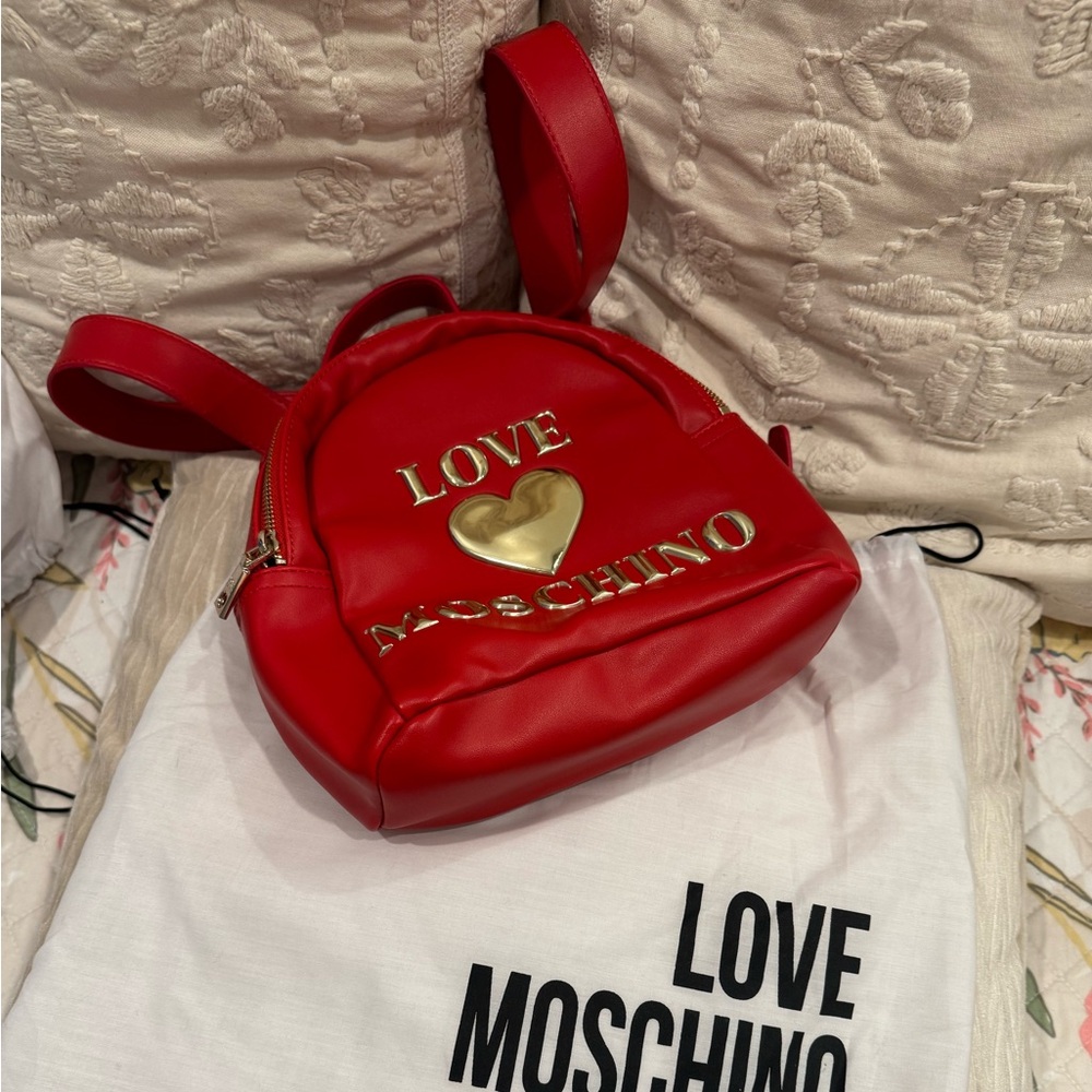 Love Moschino Red Backpack with Gold Heart Accent and matching pouch